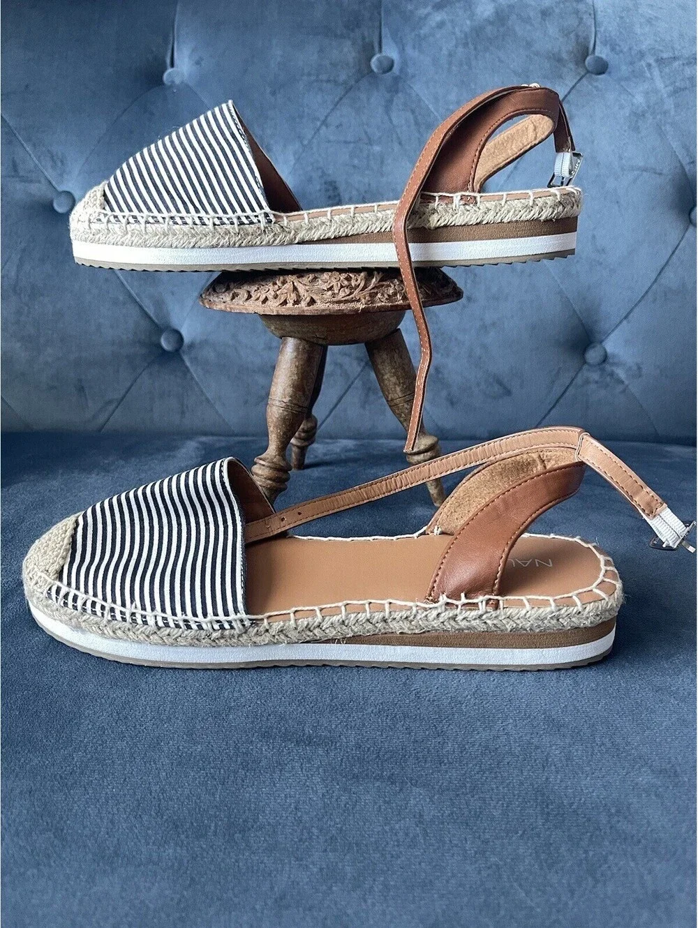 NAUTICA Espadrille Sandals Ankle Straps Black White Stripe Sz 7.5 Coastal NEW
